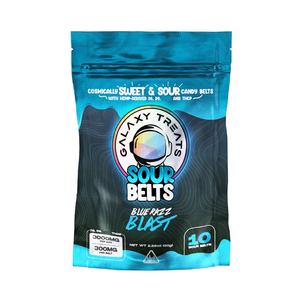 Blue Razz Blast Sour Belts Delta 8 + Delta 9 + THC-P 3000mg Edibles by Galaxy Treats