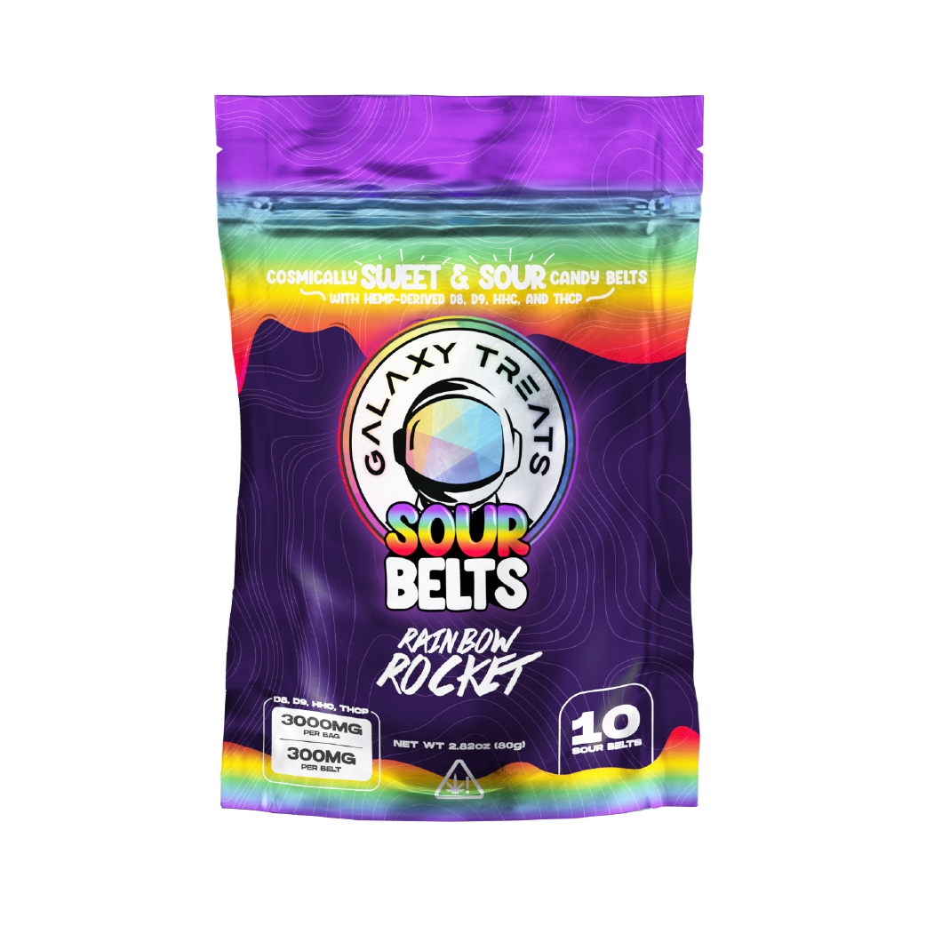 Rainbow Rocket Sour Belts Delta 8 + Delta 9 + HHC + THC-P 3000mg Edibles by Galaxy Treats