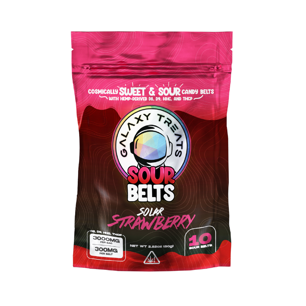 Solar Strawberry Sour Belts Delta 8 + Delta 9 + HHC + THC-P 3000mg Edibles by Galaxy Treats