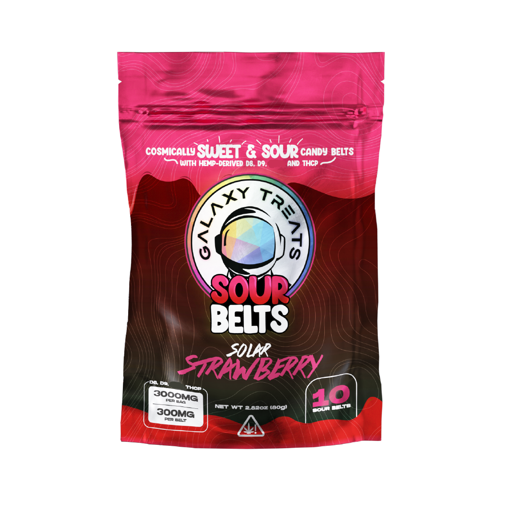 Solar Strawberry Sour Belts Delta 8 + Delta 9 + THC-P 3000mg Edibles by Galaxy Treats