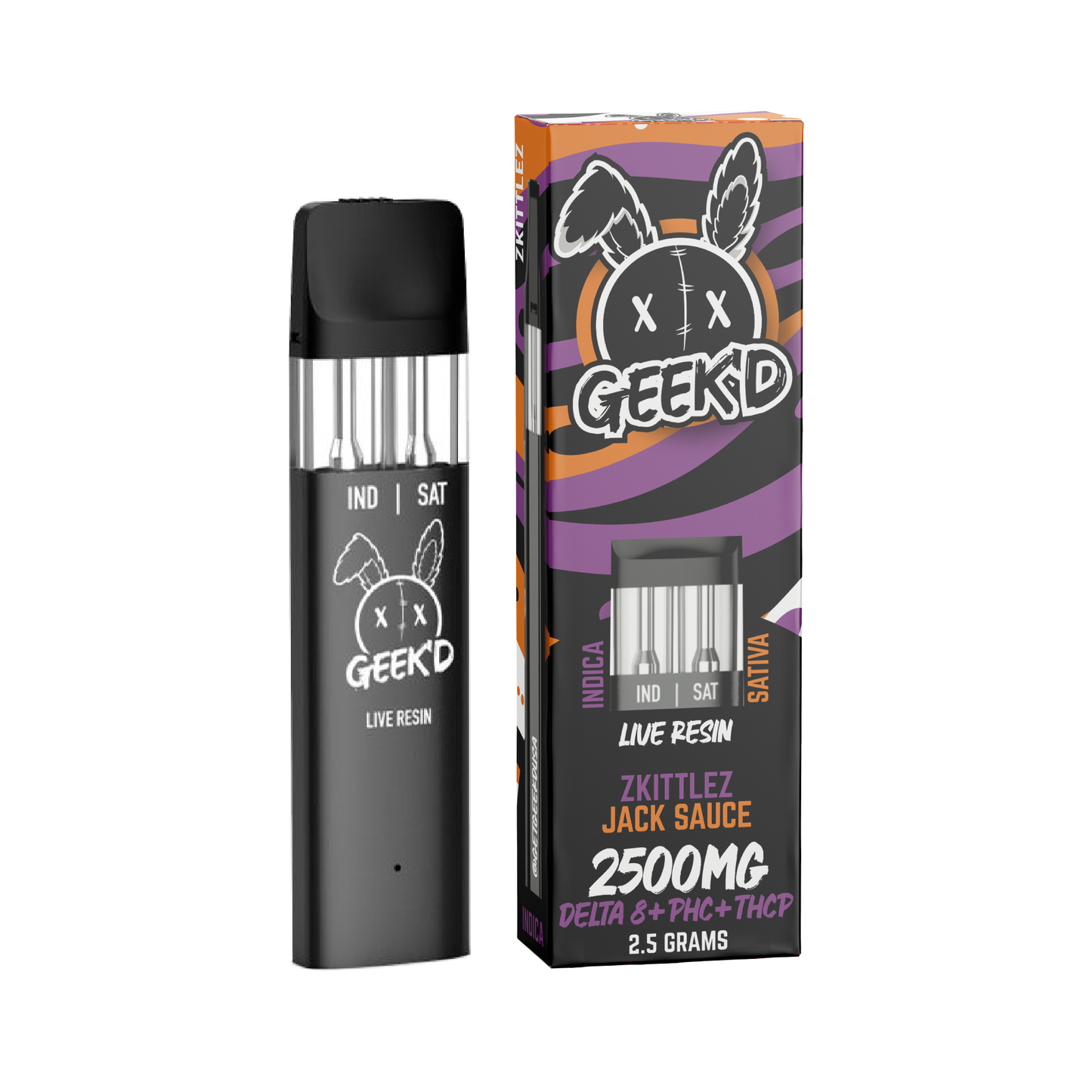 Zkittlez & Jack Sauce Live Resin Delta 8 + PHC + THC-P 2.5g Disposable by Geek'd Extracts